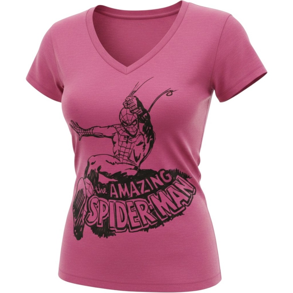 Marvel Comics The Amazing Spider-Man Pink V-Neck Graphic Tee Laser Cut Heart M